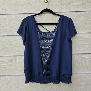 Studio Y Maurice's navy short sleeve blouse with sequin panel XL new with flaws